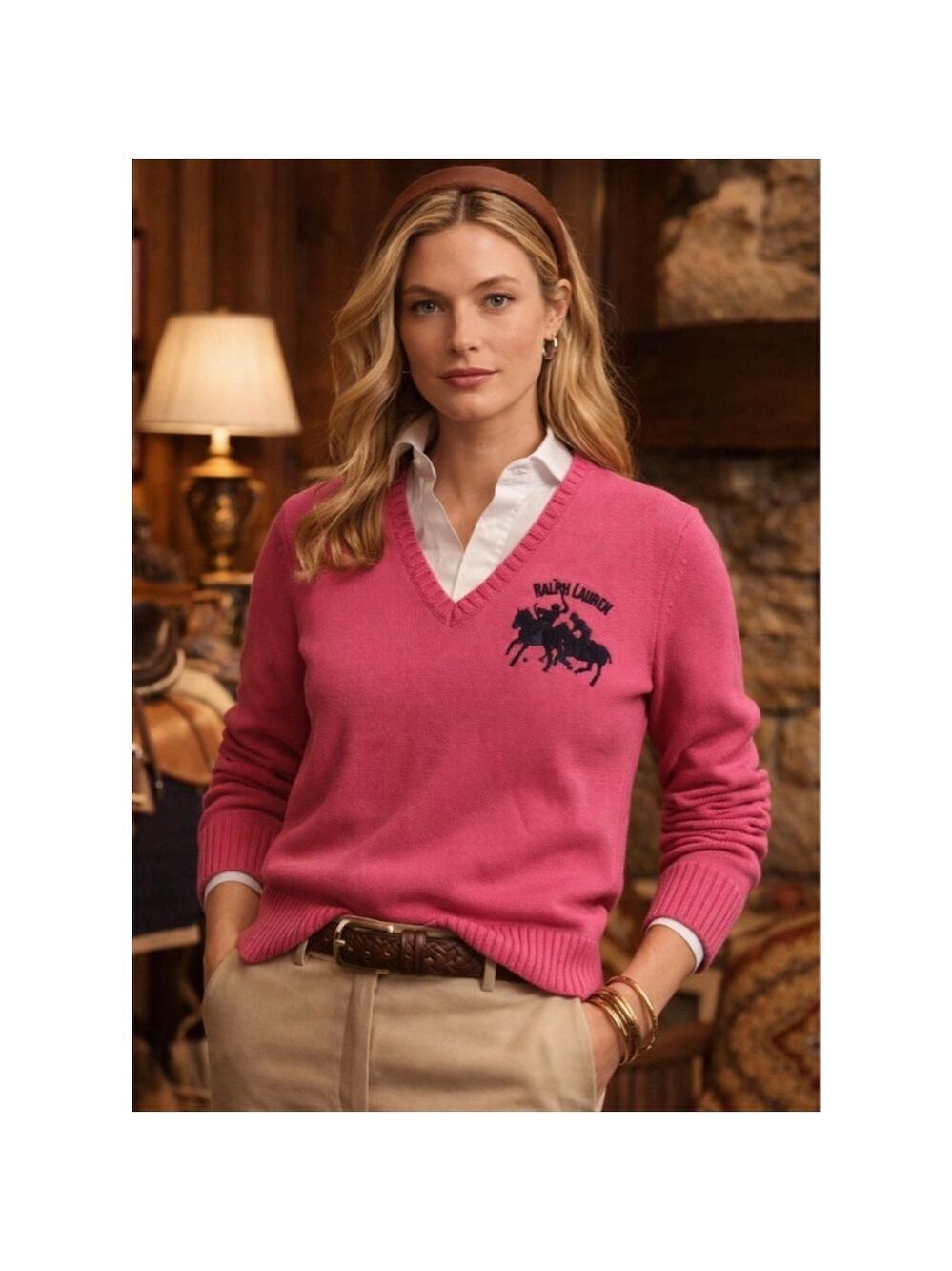 Women's Ralph Lauren Y2K Sport Pink V-Neck Sweater L with Navy Logo